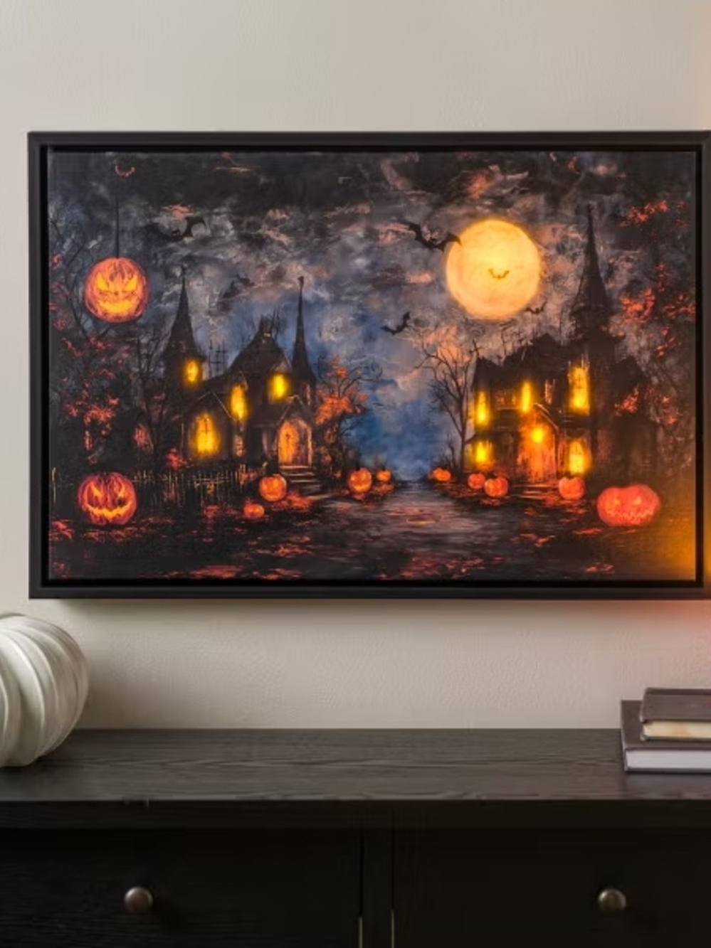 Halloween Haunted Village Wall Art - Orange & Black LED 25X17